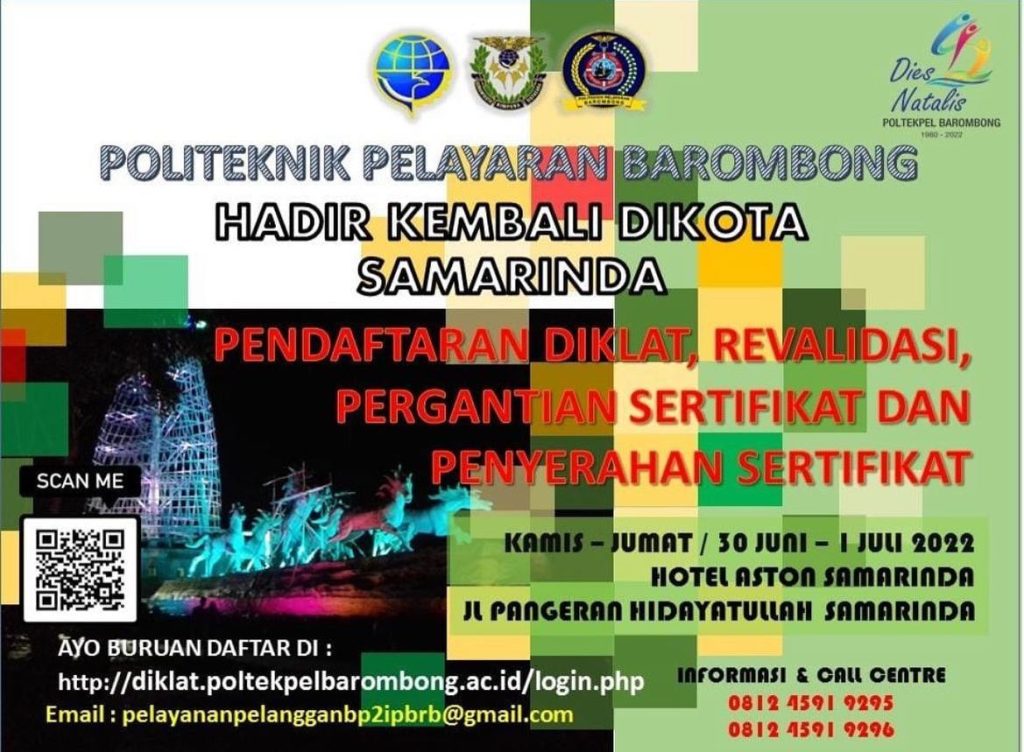 Halo Sobat Poltekpel Barombong Kami hadir lagi di Kota Samarinda, Kamis-Jumat, 30 Juni – 1 Juli 2022.<br>Di Hotel Aston, Jl. Pangeran Hidayatullah – Samarinda.