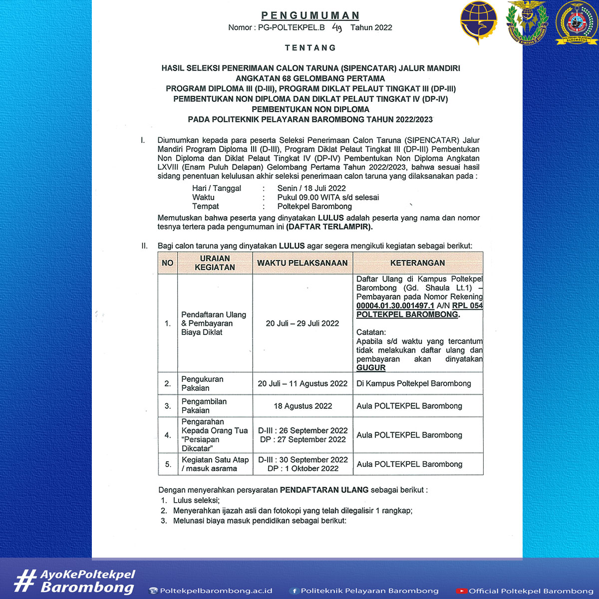 You are currently viewing PENGUMUMAN KELULUSAN CALON TARUNA Angkatan 68 gelombang-1 untuk Program D3, DP-III, dan DP-IV