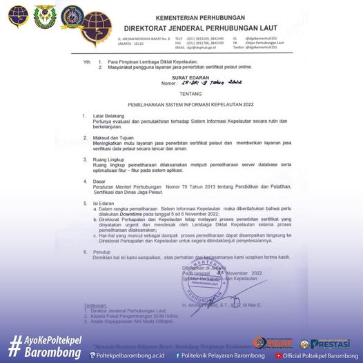 You are currently viewing PENGUMUMAN.<br>Kepada masyarakat pengguna layanan jasa penerbitan sertifikat pelaut online bahwasanya dalam rangka pemeliharaan Sistem Informasi Kepelautan tidak dapat di Akses sampai batas waktu yang terlampir. Teriamakasih.