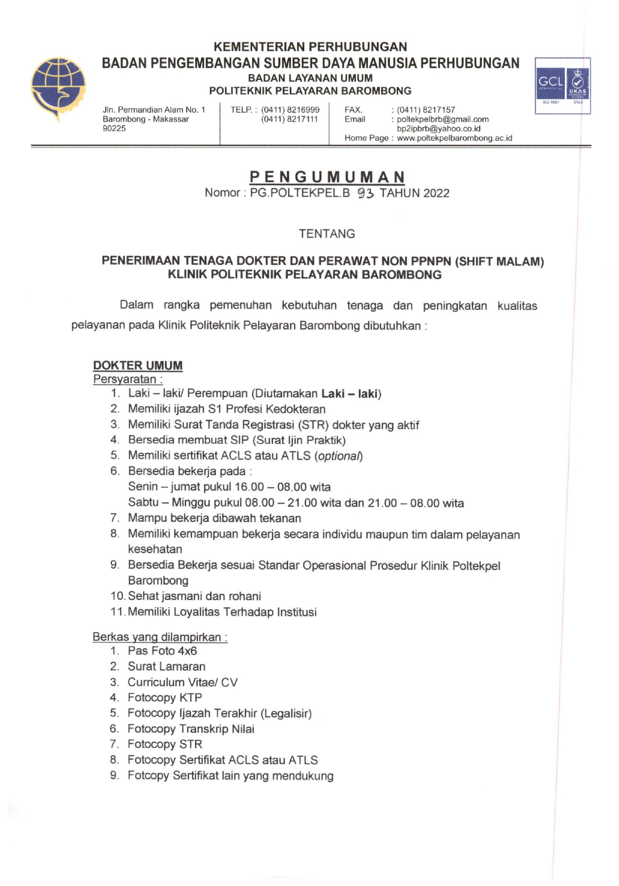 You are currently viewing Pengumuman Penerimaan Tenaga Dokter dan Perawat NON PPNPN (Shift Malam) Klinik Politeknik Pelayaran Barombong. (Pendaftaran Sampai Dengan 27 Desember 2022)