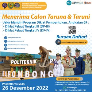 Read more about the article Halo Sobat Muda Poltekpel Barombong, pendaftaran Calon Taruna Angkatan 69 sudah dibuka nih.. DP-III Pembentukan dan DP-IV Pembentukan, Jurusan Nautika dan Teknika