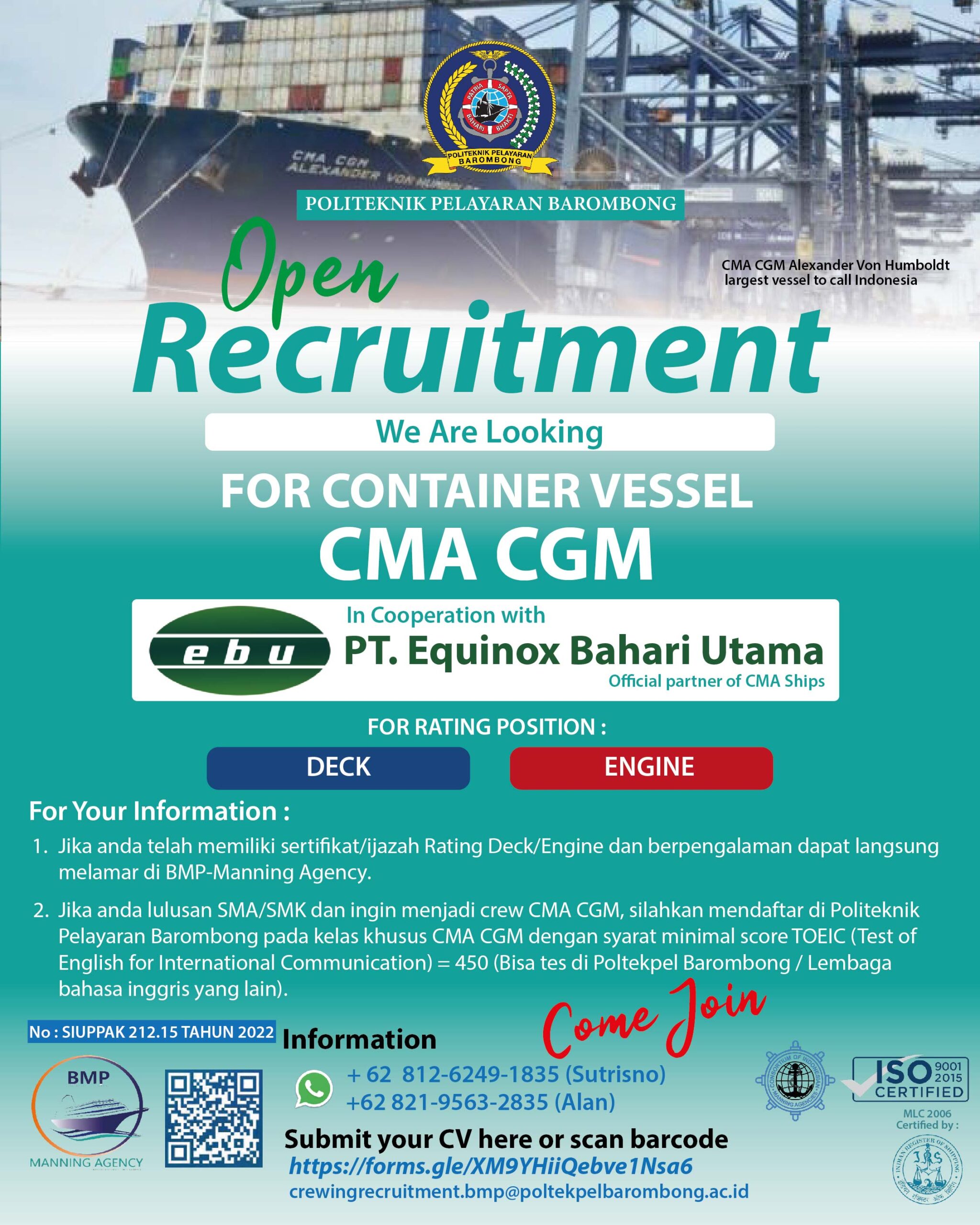 You are currently viewing BMP-Manning Agency Open Recruitment Crew Rating For Vessel CMA CGM Deck and Engine. Contact Us (081262491835)