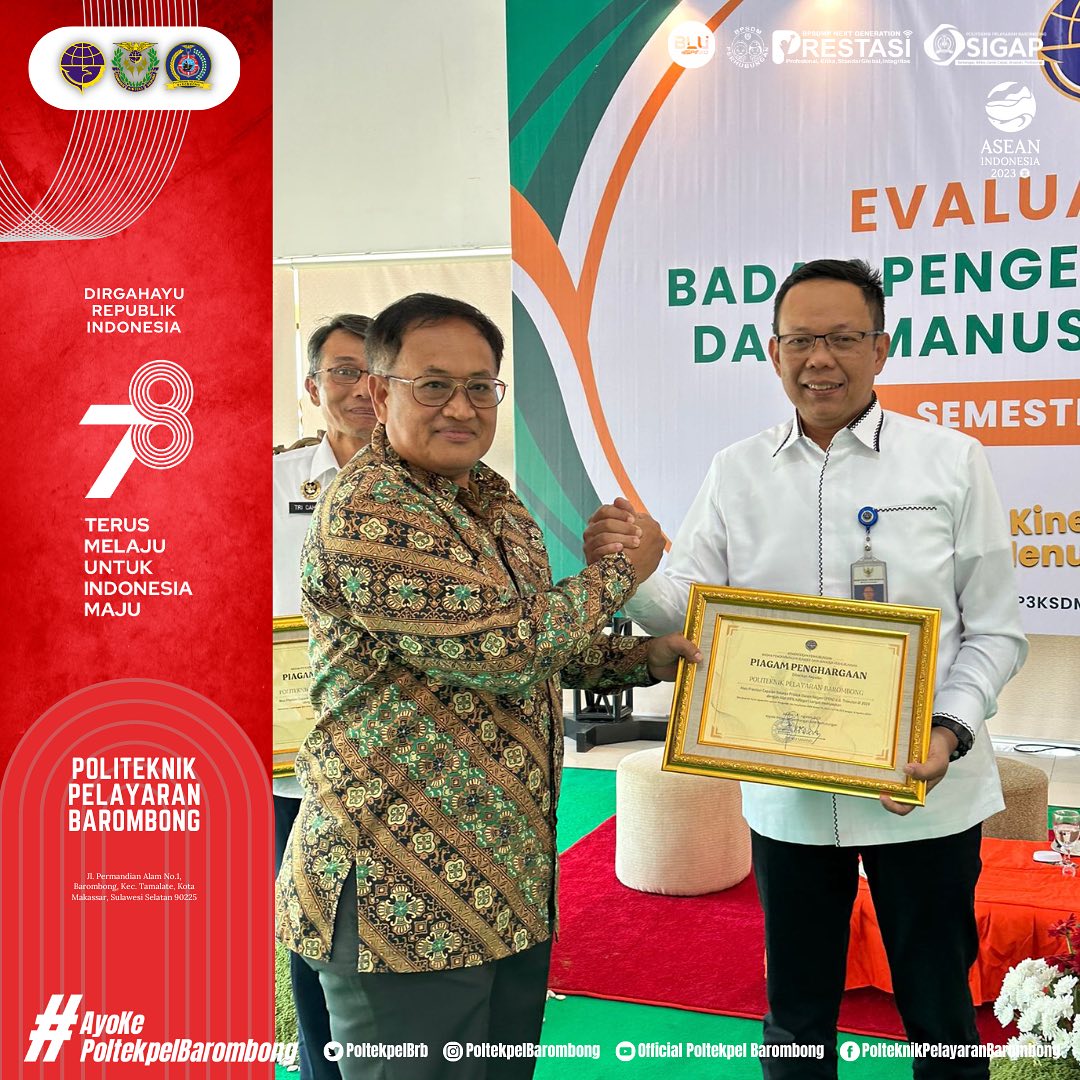 You are currently viewing Politeknik Pelayaran Barombong meraih 2 penghargaan dalam acara Evaluasi Kinerja Badan Pengembangan Sumber Daya Manusia Perhubungan semester 1 tahun 2023 di BP3KSDMT, Ciwidey Bandung.