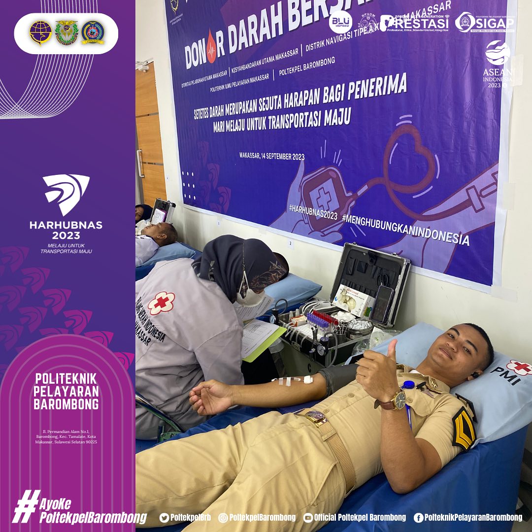 Read more about the article Taruna-taruni Poltekpel Barombong mengikuti kegiatan Donor Darah dalam rangka memperingati Hari Perhubungan Nasional Tahun 2023, Kamis (16/09)