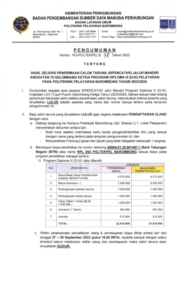 Pengumuman Hasil Seleksi Penerimaan Calon Taruna (SIPENCATAR) Jalur ...