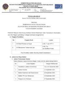 Read more about the article Pengumuman Tentang Penerimaan Calon Taruna/Taruni Jalur Non Reguler (Mandiri) Program Diploma III Tahun Akademik 2023/2024