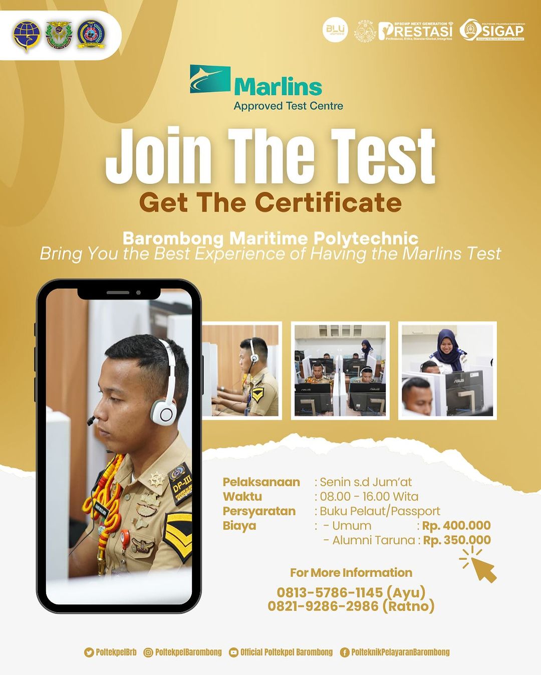 Read more about the article Politeknik Pelayaran Barombong mengadakan program Marlins Test bagi yang sedang membutuhkan Sertifikat Marlins, yuk segera daftar..