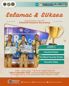 Read more about the article Mahasiswa Politeknik Pelayaran Barombong berhasil mendapat 4 penghargaan dalam lomba Karya Tulis Ilmiah Tingkat Nasional dengan judul karya “OPTIMALISASI AKSEBILITAS, MOBILITAS, DAN KEAMANAN MENGGUNAKAN RANCANGAN APLIKASI TRANSISI SEBAGAI LANGKAH EFEKTIVITAS PENGGUNAAN TRANSPORTASI PUBLIK MENUJU INDONESIA EMAS 2045”, Universitas Banda Neira Maluku Tengah 25 – 26 Mei 2024