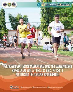 Read more about the article Kegiatan Seleksi Sipencatar Angkatan 71 Gelombang II dan Angkatan 72 Gelombang I di Poltekpel Barombong Tahun 2024 sudah di tahap Tes Kesamaptaan dan Tes Wawancara loh. Jangan lupa pantau terus yaa seleksi Sipencatar Angkatan 71 Gelombang II dan Angkatan 72 Gelombang I Tahun ini.