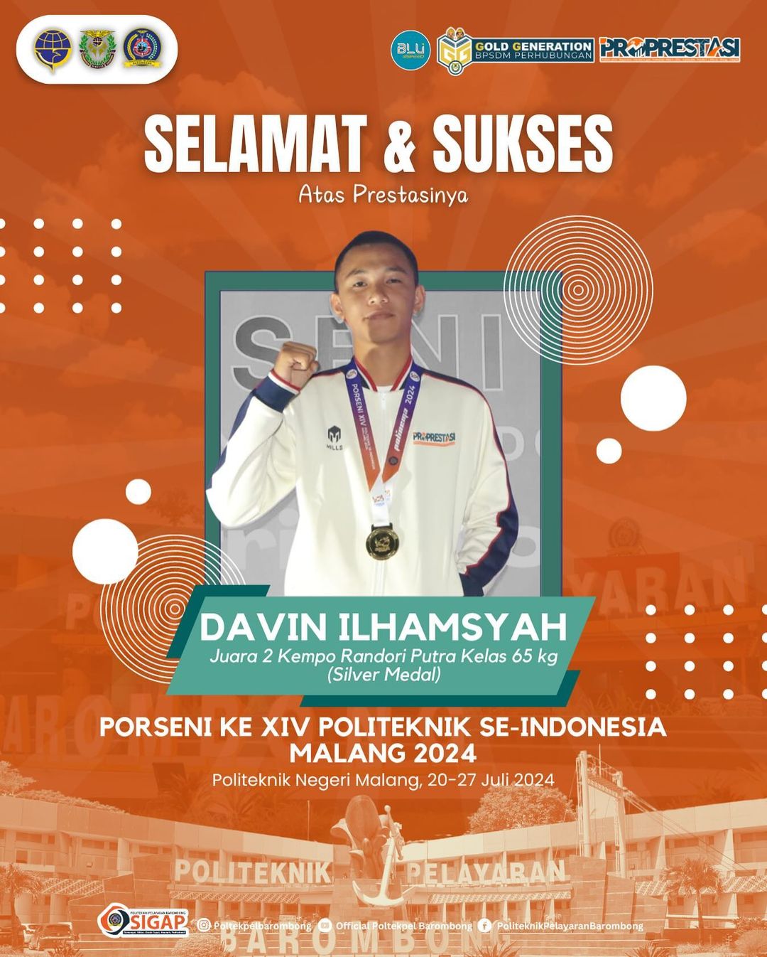 You are currently viewing Direktur dan Segenap Civitas Akademika Politeknik Pelayaran Barombong mengucapkan Selamat dan Sukses atas prestasi yang diraih oleh Davin Ilhamsyah Mahasiwa Semester II Diploma III Studi Nautika.