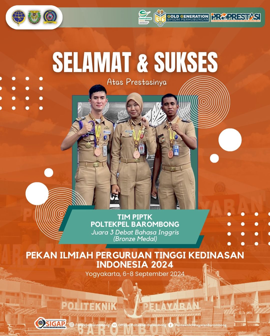 You are currently viewing Direktur dan Segenap Civitas Akademika Politeknik Pelayaran Barombong mengucapkan Selamat dan Sukses atas prestasi yang diraih oleh 3 Mahasiswa/i Politeknik Pelayaran Barombong pada Kegiatan Pekan Ilmiah Perguruan Tinggi Kedinasan Indonesia 2024 yang dilaksanakan di Sekolah Tinggi Pertanahan Nasional Yogyakarta