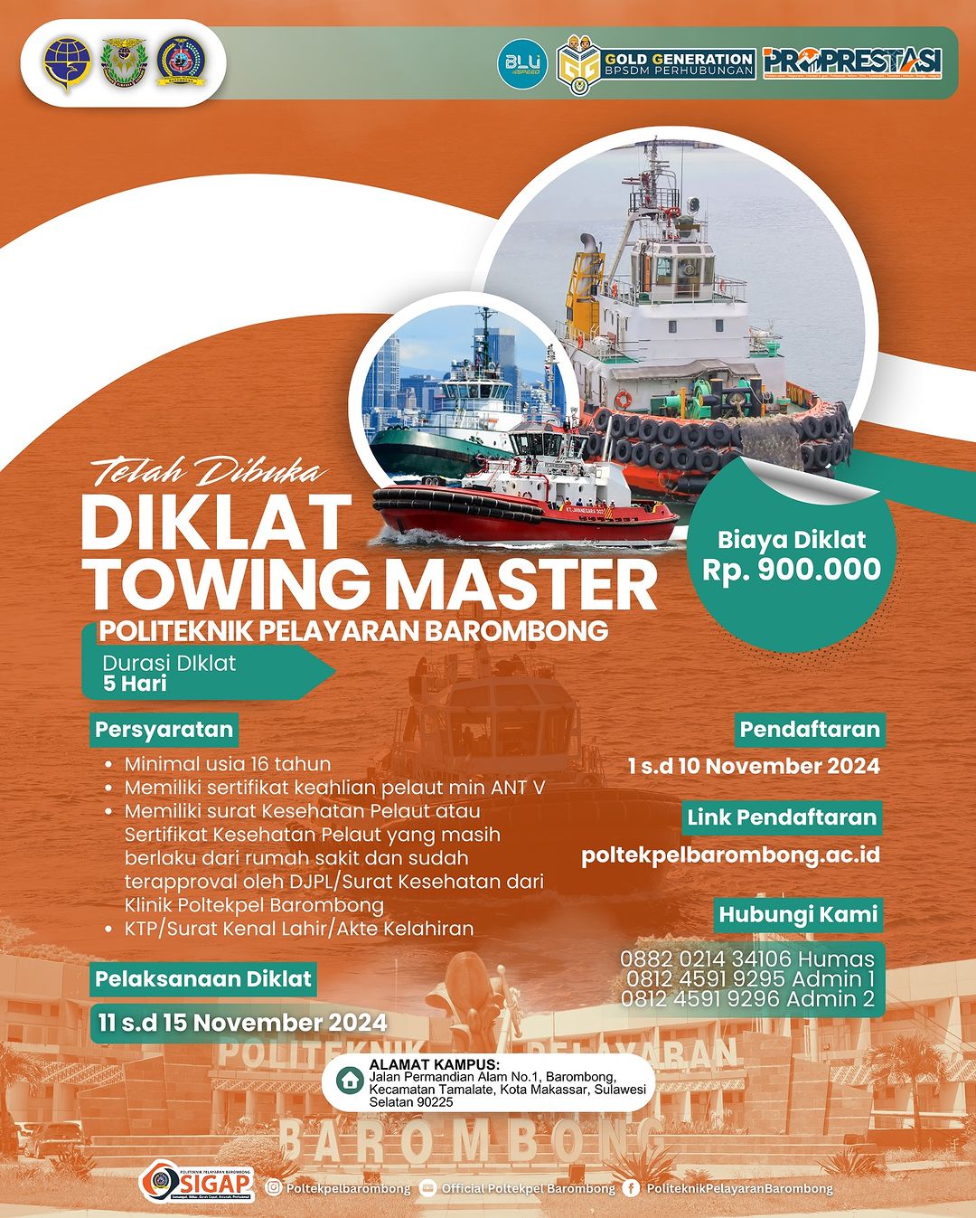 You are currently viewing Diklat Towing master sudah tersedia di Poltekpel Barombong, pendaftaran dibuka mulai tanggal 1 s.d 10 November 2024