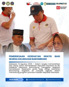 Read more about the article Makassar, 15 Agustus 2025 – Dalam rangka memeriahkan Hari Ulang Tahun Kemerdekaan Republik Indonesia ke-80, Politeknik Pelayaran (Poltekpel) Barombong menyelenggarakan pemeriksaan kesehatan gratis bagi warga Kelurahan Barombong. Kegiatan ini menjadi wujud nyata kepedulian Poltekpel Barombong terhadap kesehatan masyarakat di lingkungan sekitar kampus dan menjadi wujud nyata dalam mendukung program prioritas Presiden Republik Indonesia .