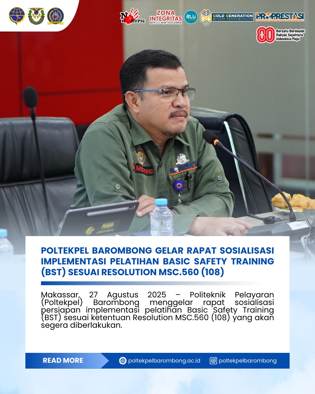 Read more about the article Makassar, 27 Agustus 2025 – Politeknik Pelayaran (Poltekpel) Barombong menggelar rapat sosialisasi persiapan implementasi pelatihan Basic Safety Training (BST) sesuai ketentuan Resolution MSC.560 (108) yang akan segera diberlakukan.