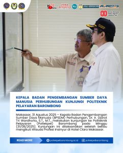 Read more about the article Makassar, 31 Agustus 2025 – Kepala Badan Pengembangan Sumber Daya Manusia (BPSDM) Perhubungan, Dr. Ir. Djarot Tri Wardhono, S.T., M.T., melakukan kunjungan ke Politeknik Pelayaran (Poltekpel) Barombong pada Minggu (31/08/2025). Kunjungan ini dilaksanakan setelah beliau mengikuti Wisuda Profesi Insinyur di Hotel Claro Makassar.