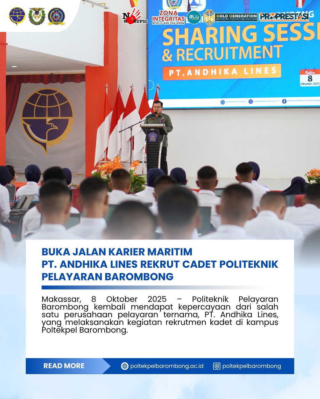 You are currently viewing Makassar, 8 Oktober 2025 – Politeknik Pelayaran (Poltekpel) Barombong kembali mendapat kepercayaan dari salah satu perusahaan pelayaran ternama, PT. Andhika Lines, yang melaksanakan kegiatan rekrutmen kadet di kampus Poltekpel Barombong.Kegiatan rekrutmen ini menjadi salah satu bentuk kegiatan rutin dalam rangka menyiapkan sumber daya manusia pelaut yang profesional, kompeten, dan siap bersaing di dunia industri maritim.