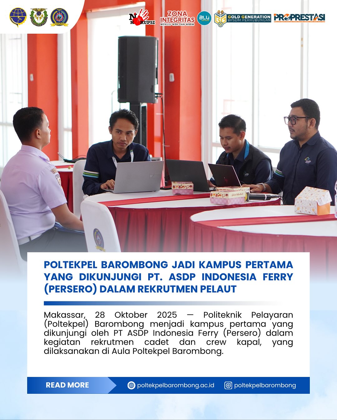 You are currently viewing Makassar, 28 Oktober 2025 — Politeknik Pelayaran (Poltekpel) Barombong menjadi kampus pertama yang dikunjungi oleh PT ASDP Indonesia Ferry (Persero) dalam kegiatan rekrutmen cadet dan crew kapal, yang dilaksanakan di Aula Poltekpel Barombong.