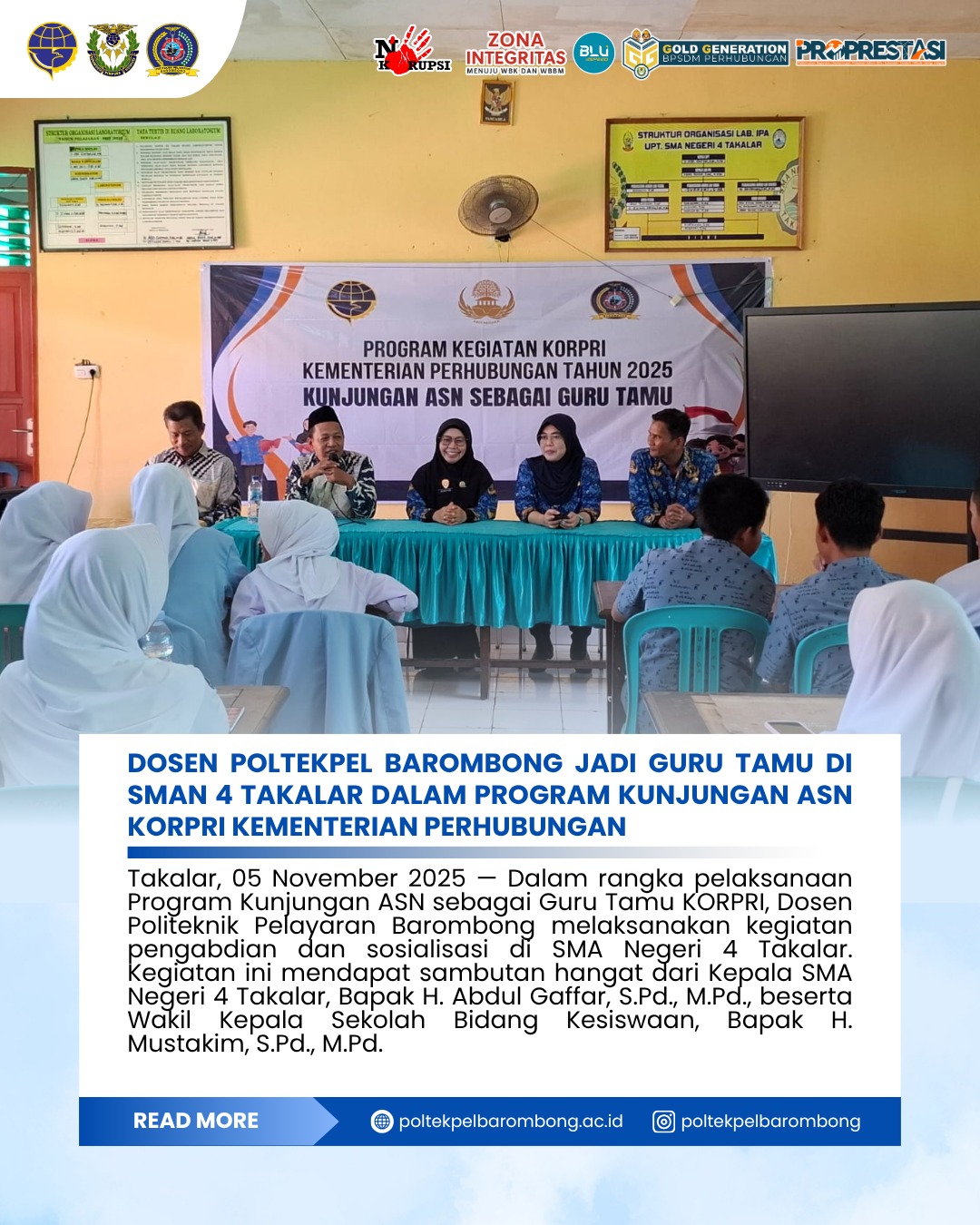 You are currently viewing Takalar, 05 November 2025 — Dalam sambutannya, Dr. Hj.Nursyam,S.Pd.,M.Pd. yang mewakili Direktur Politeknik Pelayaran Barombong menyampaikan apresiasi dan terima kasih atas penerimaan yang sangat baik dari pihak sekolah. Beliau menekankan bahwa kegiatan ini tidak hanya menjadi ajang silaturahmi antara lembaga pendidikan tinggi dan sekolah menengah, tetapi juga sebagai sarana untuk memperkenalkan Politeknik Pelayaran Barombong serta memberikan wawasan mengenai peranan transportasi dalam pembangunan, khususnya di bidang transportasi laut.