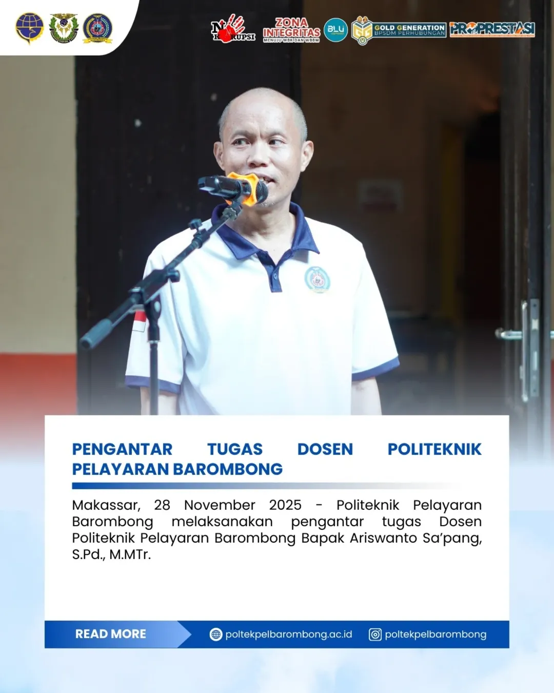 You are currently viewing Makassar, 28 November 2025 — Politeknik Pelayaran (Poltekpel) Barombong melaksanakan kegiatan Pengantar Tugas bagi salah satu dosen sebagai bagian dari dinamika organisasi dan upaya peningkatan kompetensi serta kinerja aparatur.