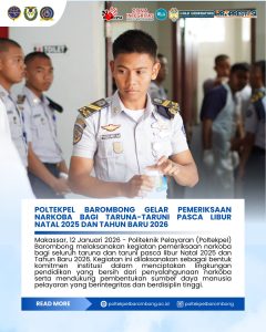 Read more about the article Makassar, 12 Januari 2026 – Pemeriksaan narkoba dilaksanakan di aula kampus Poltekpel Barombong dan diikuti oleh taruna dan taruni dari seluruh program studi. Pelaksanaan kegiatan dilakukan secara tertib dan terkoordinasi dengan melibatkan petugas medis dari unit kesehatan Poltekpel Barombong. Seluruh peserta menjalani pemeriksaan sebagai bentuk kepatuhan terhadap aturan dan tata tertib kehidupan taruna.