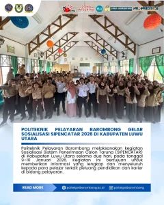 Read more about the article Makassar, 13 Januari 2025 – Politeknik Pelayaran Barombong melaksanakan kegiatan Sosialisasi Sistem Penerimaan Calon Taruna (SIPENCATAR) di Kabupaten Luwu Utara selama dua hari, pada tanggal 9–10 Januari 2026.