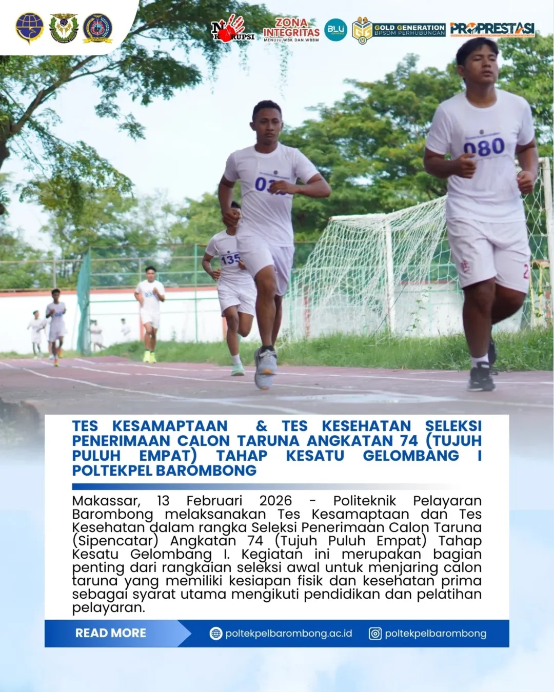 Read more about the article Tes Kesamaptaan & Tes Kesehatan Seleksi Penerimaan Calon Taruna Angkatan 74 Tahap Kesatu Gelombang I Politeknik Pelayaran Barombong