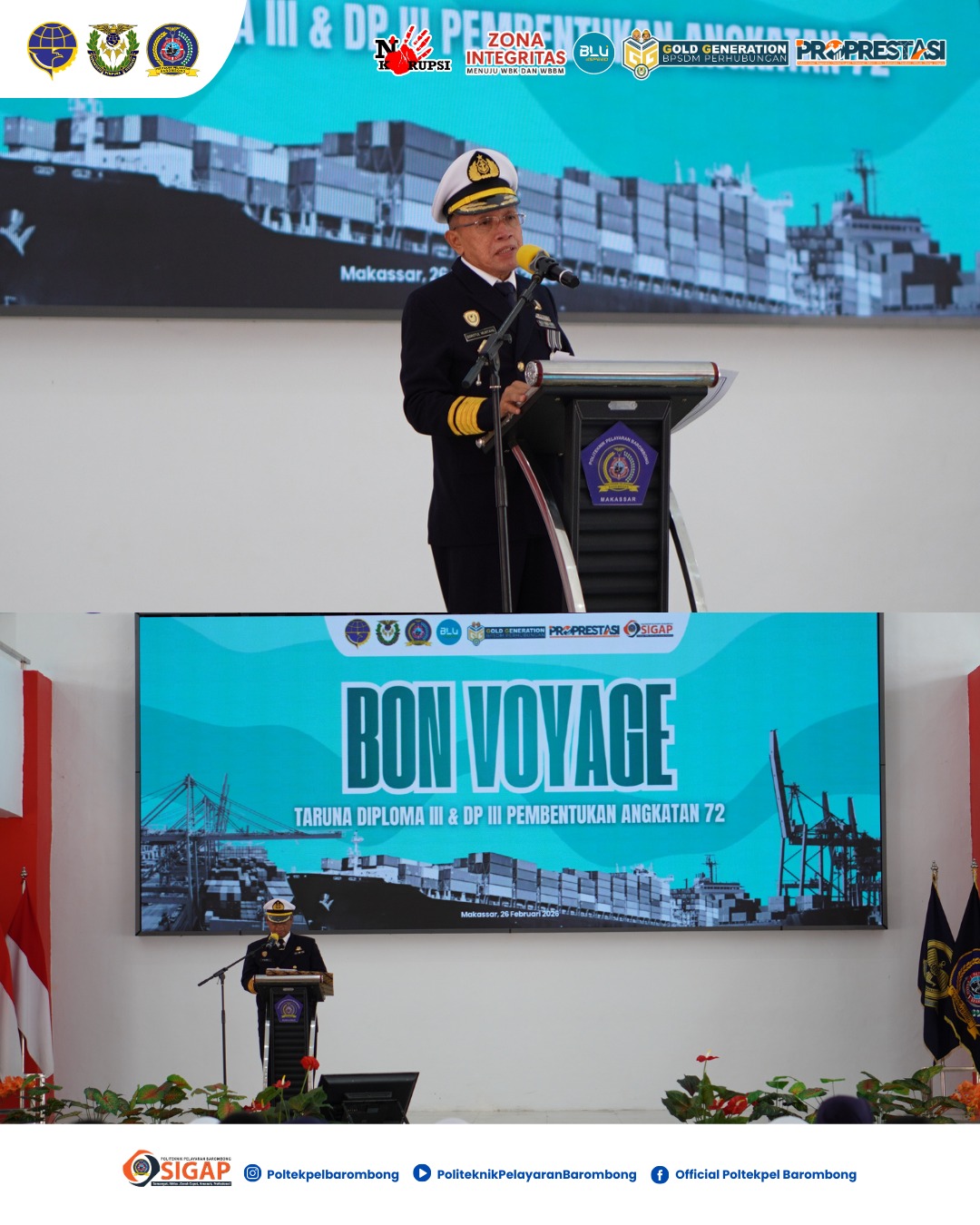 Read more about the article Makassar, 26 Februari 2026 – Politeknik Pelayaran Barombong melaksanakan acara Bon Voyage bagi Taruna/i Program Diploma III (D-III) Pelayaran dan DP-III Pembentukan Angkatan 72. Kegiatan pelepasan ini dihadiri oleh Direktur, jajaran manajemen, dosen, instruktur, serta seluruh civitas akademika dalam suasana penuh khidmat.