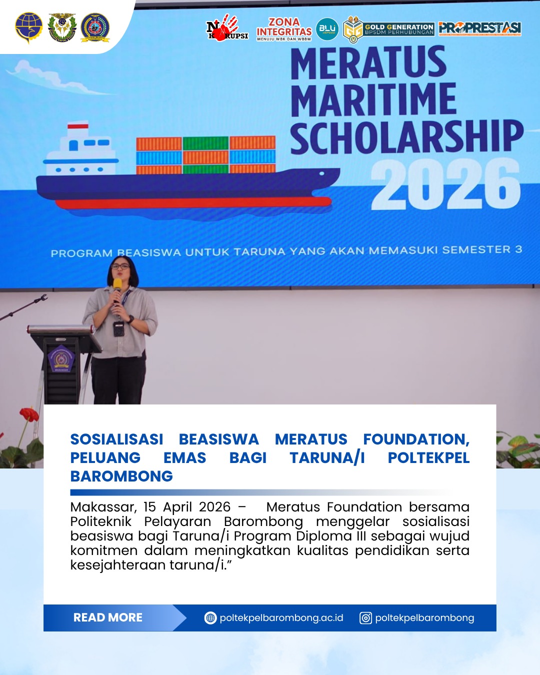 Read more about the article Meratus Foundation bersama Politeknik Pelayaran Barombong menggelar sosialisasi beasiswa bagi Taruna/i Program Diploma III sebagai wujud komitmen dalam meningkatan kualitas pendidikan serta kesejahteraan Taruna/i