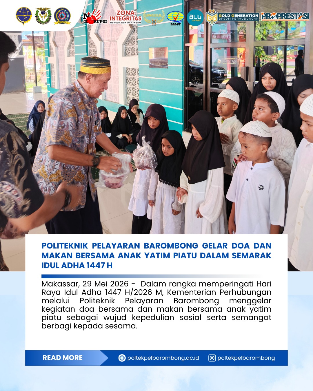 Read more about the article Politeknik Pelayaran Barombong Gelar Doa dan Makan Bersama Anak Yatim Piatu Dalam Semarak Idul Adha 1447 H