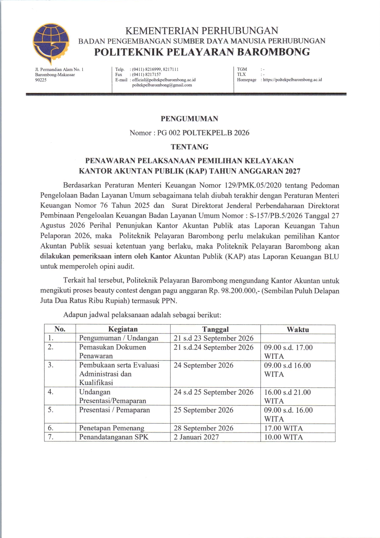 You are currently viewing Pengumuman Tentang Penawaran Pelaksanaan Pemilihan Kelayakan Kantor Akuntan Publik (KAP) Tahun Anggaran 2027